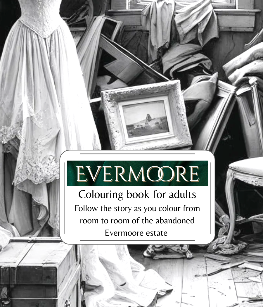 Evermoore colouring book for adults with vintage furniture and decor.